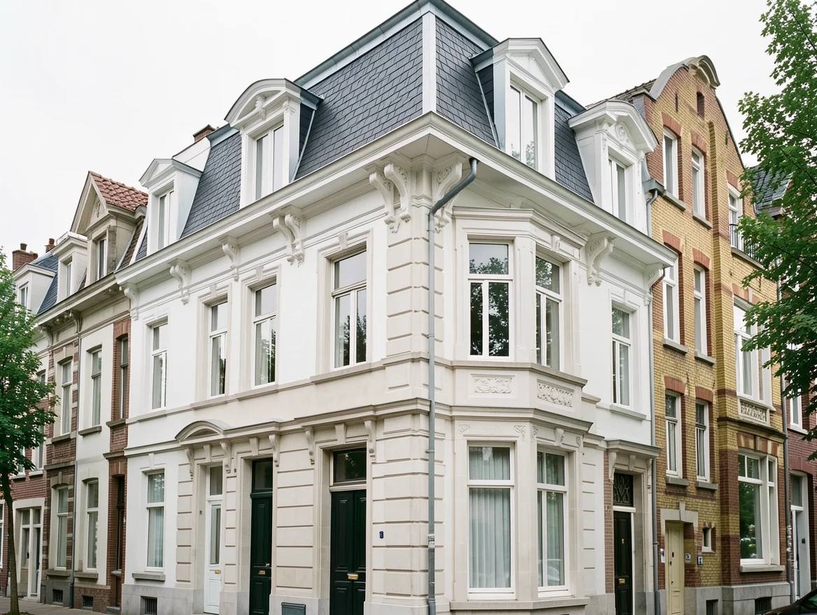 Corniche restaurée et repeinte sur une façade de maison de ville à Saint-Gilles