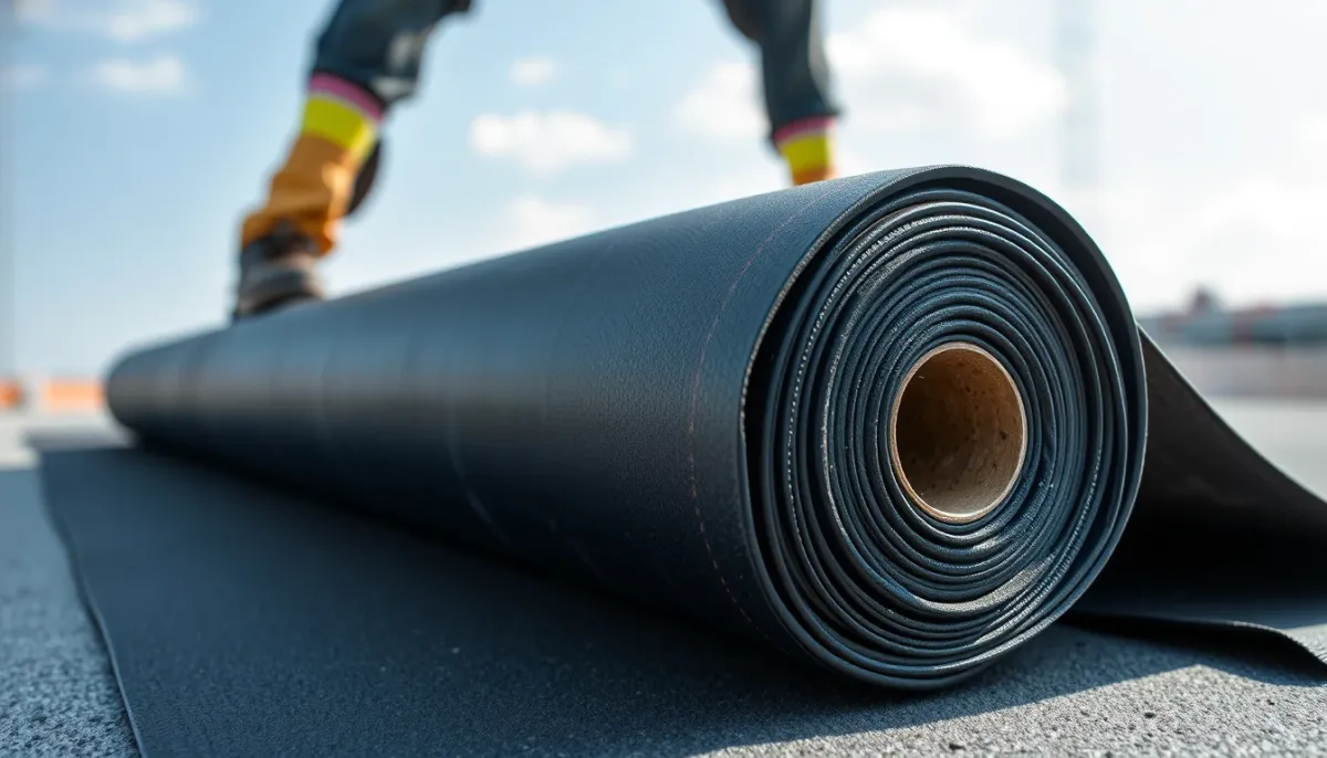 Gros plan sur une membrane EPDM en cours de pose sur un toit plat