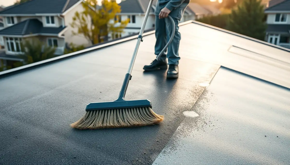 Entretien d'un toit plat en EPDM avec un balai